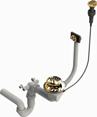 Produktbild von Brenor Sp. z o.o. Gold Ablaufgarnitur, automatischer Überlauf, ABS & verchromtes Metall, Excenter-Ablaufventil, Drehmechanismus, Raumsparablaufbogen, flexibler Überlaufschlauch, für Waschbecken, Spülbecken, Badewannen & Küchenspülen, Ø 40/50 mm, Anschluss 1 1/2 Zoll, Siebkorbventil 3 1/2 Zoll, Ventilstopfen Ø 80 mm