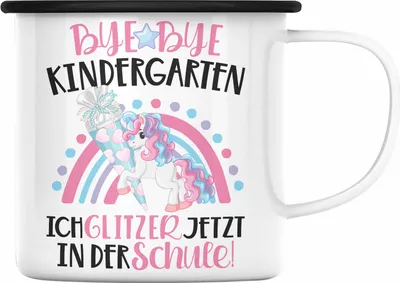 Produktbild von Trendation - Schulkind 2022 Einhorn Einschulung Mädchen Geschenk Emaille Tasse Schulstart 1. Schultag Schuleinführung Schulanfang Geschenkidee 2022 Schulkind Pferde Grafik (Schwarz)