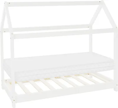 A white house-shaped bed frame with a mattress and wooden slats.