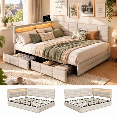 Obrázek produktu pro BPKADHY, čalouněná postel s rozkládací funkcí, 140x200 cm, s LED osvětlením a USB porty, béžová barva. Rohová postel ve tvaru L, dvojlůžko se 2 zásuvkami, rozkládací pohovka s roštem, potažená lněnou tkaninou, bez matrace