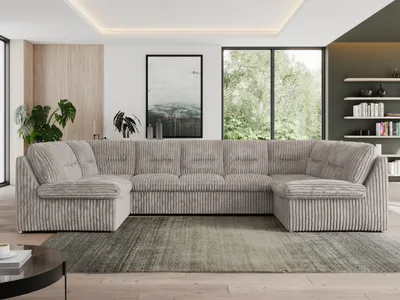Produktbild von Sofa XXL U-Form Beige, Wohnlandschaft U Form mit Schlaffunktion, Sofa mit Schlaffunktion, Schlafsofa, Wohnzimmer Couch mit schlaffunktion - Morbido U - Hellgrau Cord