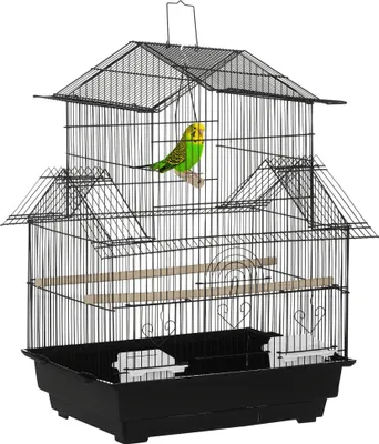 Image de PawHut Cage à oiseaux design maison mangeoires perchoirs 3 portes plateau excrément amovible + poignée transport 50,5 x 41 x 63 cm noir