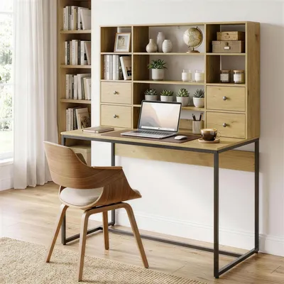 Produktbild von SUGIFT Schreibtisch mit Schubladen und Regal, Computertisch, Naturholz | 105 x 60 cm | 4 Schubladen, höhenverstellbares Regal | 142 cm hoch