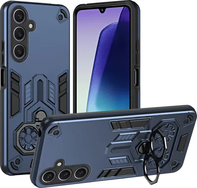 Image de Étui pour Samsung Galaxy S25 FE, étui double couche PC+TPU, coque antichoc avec anneau métallique et support, bleu