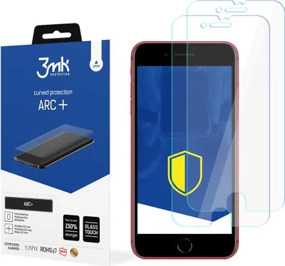 A product package for a screen protector is shown next to a smartphone with screen protectors applied.