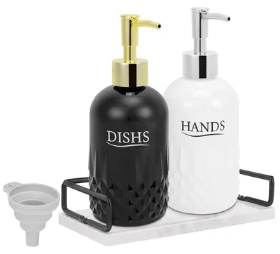 Immagine prodotto di Omgoods - Set di dispenser per sapone in vetro con vassoio in marmo
