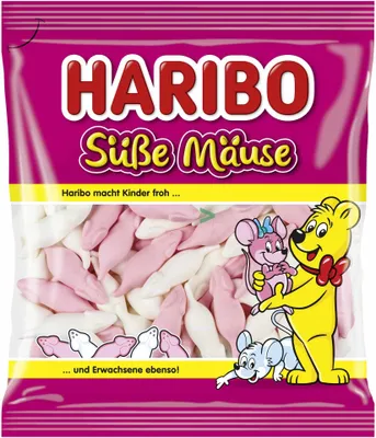 Obrázok produktu pre Haribo Sladké myšky s penovým cukrom s príchuťou maliny a džúsu s príchuťou pomaranča 175g