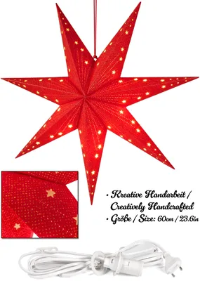 A red star-shaped paper lantern with small white stars, shown hanging, with a close-up detail and a white cord with a plug.