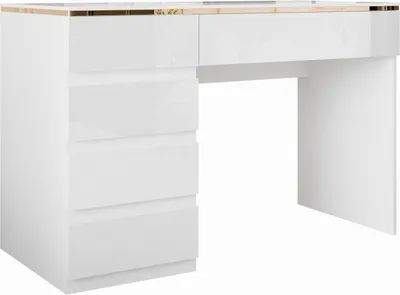 A white high-gloss desk with drawers and a gold trim on a white background.