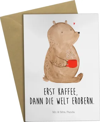 Produktbild von Mr. & Mrs. Panda Grußkarte Bär Kaffee - Weiß - Geschenk, Bären, weihnachtskarten, einladungskarten, glückwunschkarten, dankeskarten, Teddy, Coffee, Motivation, osterkarte