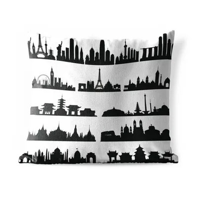 Produktbild von MuchoWow® Outdoor Kissen - Schwarz-Weiß-Illustration der Stadt Skyline mit Sehenswürdigkeiten - 50x50 cm - Wetterfest - Lounge Kissen - Komfortabel - Kissen mit Bild