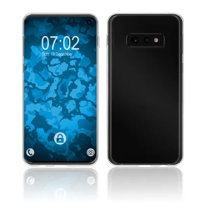 A front and back view of a black smartphone with a blue abstract wallpaper on the screen, displayed on a white background.