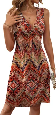 Image de ASKSA Femme Col V Robe sans manches Unicolore Robe de plage Robe tunique décontractée Robe d'été (C Rouge,XL)