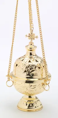 Produktbild von Weihrauchfass mit Kette zum Hängen aus Messing Gold poliert Höhe 18 cm mit Innenschale aus Stahl für die Räucherkohle