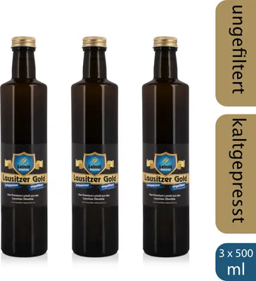 Produktbild von 3 x Lausitzer Leinöl - Lausitzer Gold (kaltgepresstes ungefiltertes Premium Leinöl), 3x 500ml