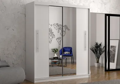 Produktbild von Schwebetürenschrank Kleiderschrank Schrank Garderobe Spiegel Torino (Weiß/Weiß) + Spiegel und Beleuchtung 200cm