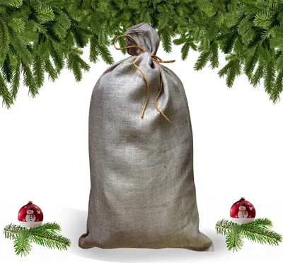 A large burlap sack is shown, tied at the top with twine, and decorated with Christmas tree branches and ornaments.