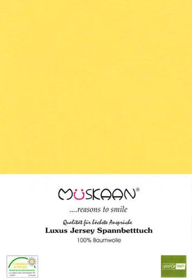 A yellow fabric with brand logo and product information.