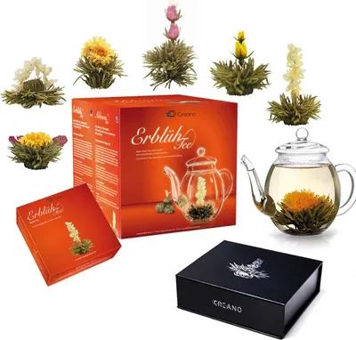 Produktbild von Creano Teeblumen Mix - Geschenkset "ErblühTee" mit Glaskanne & 6 Teekugeln Weißtee +Magnetbox mit 6 Teeblumen weißer Tee, insgesamt 12 ErblühTee in 6 verschiedene Sorten