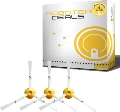 A product shot showing a package and three replacement brushes for a robot vacuum cleaner.