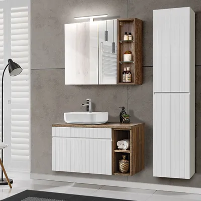 Produktbild von Badezimmermöbel Set in weiß matt mit Vintage Eiche Nb. IRAKLIO-56 inkl. Waschbecken und LED-Spiegelschrank, B/H/T: ca. 135/200/46 cm