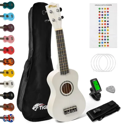 Obrázok produktu pre Sopránové ukulele TIGER, sada pre začiatočníkov. Ladička, popruh, taška, trsátko, struny - biela