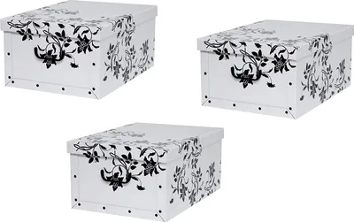 Produktbild von Set: 3 x Deko Karton "Barock Blumen" in Weiß mit schwarzer Blumenranke. Maße: ca. 51 x 37 x 24 cm