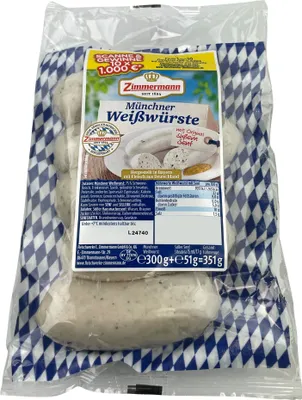 Produktbild von Food-United Weißwürste mit süßen Senf 351g als Set, Münchner-Weißwürste aus Bayern von ZIMMERMANN Fleischwerke, Brühwürste passend für Brotzeit und Bier, mit Petersilie Muskatblüte Zitronennote