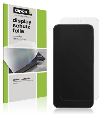 A product shot of a screen protector packaging next to a smartphone with a screen protector applied.