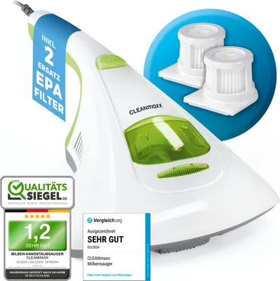 A CLEANmaxx handheld vacuum cleaner is shown with marketing overlays and certifications.