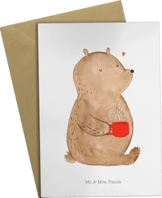 Produktbild von Mr. & Mrs. Panda Glückwunschkarte Bär Kaffee - Weiß - Geschenk, Guten Morgen, osterkarten, einladungskarten, weihnachtskarten, Coffee, Grußkarten, osterkarte, Teddy
