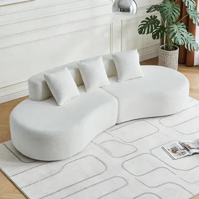 Image de Canapé d'angle moderne, design bouclé, 3 places, revêtement en velours blanc