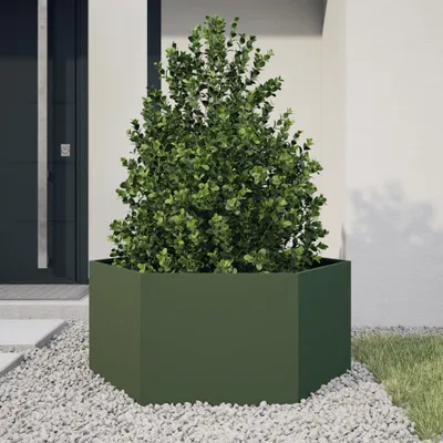 Image de vidaXL Bac à plantes vert olive hexagonal 104x90x45 acier