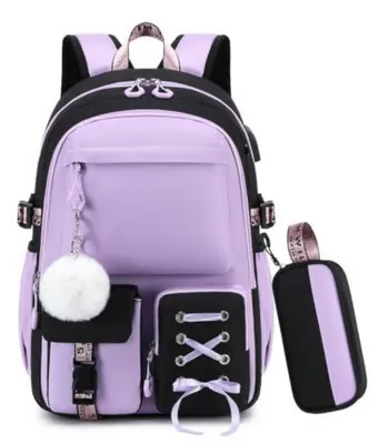 Immagine prodotto di Zaino per zaino scolastico, set da 2, ergonomico, nero e lilla, 45x31x18 cm, per bambine