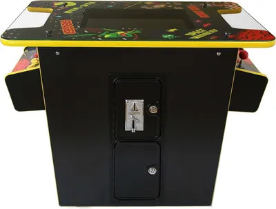 A close-up, front-facing view of a retro arcade game table.