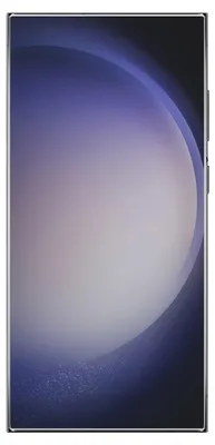 A smartphone with a purple and white abstract wallpaper.