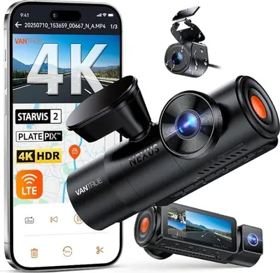 A collage of a smartphone displaying a dashcam app and several dashcam units.