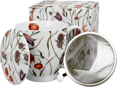 Immagine prodotto di DUO | Tazza da caffè con piede - Tazza da tè - 510 ml - Colorata - Fiorita - Porcellana - Tazza - con colino e confezione regalo