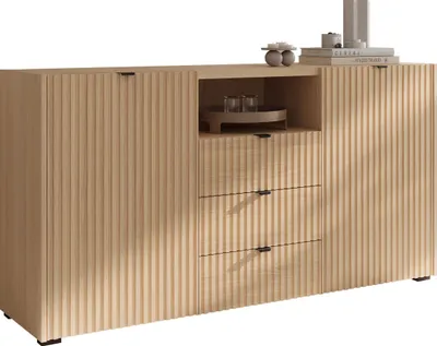 Produktbild von MIRJAN24 Türkommode Cyliza 2D3SZ, Stilvoll Wohnzimmer, Kommode mit zwei Drehtüren und drei Schubladen (Farbe: Vicenza Eiche Weiß Gekalkt)