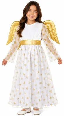 Produktbild von Kinder Engelskostüm "Sternen Engel" mit Flügeln - Samtkleid Weiß Gold  Größe: 98