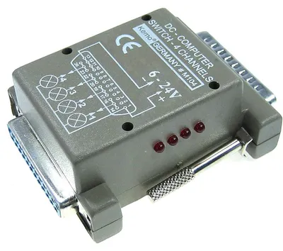 Produktbild von Kemo M104. 4 Kanal Computer Schalter. Zum Schalten von bis zu 4 verschiedenen Geräten, Lampen oder Motoren nach Computerprogramm. Betriebsspannung von 6 - 24 V/DC