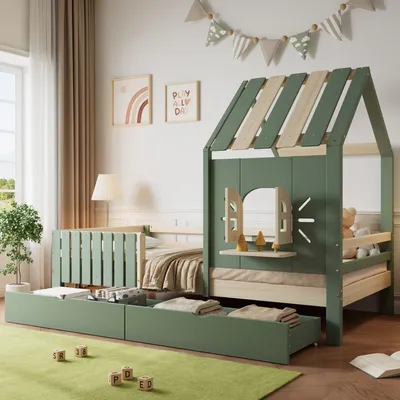 Image de Flieks Lit d'enfant lit de maison 90x200cm avec 2 tiroirs, lit d'enfant en bois lit simple avec protection contre les chutes et sommier à lattes, lit d'enfant avec fenêtre, vert