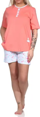 Produktbild von Damen Shorty kurzarm Schlafanzug Pyjama mit Flamingo Motiv und Knopfleiste ; apricot , 40-42