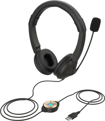 A black USB headset with a microphone is shown against a white background.