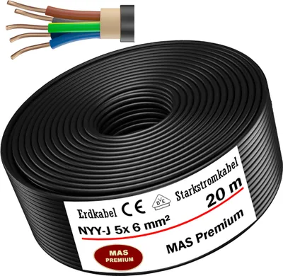 Produktbild von Erdkabel Starkstromkabel 20 m NYY-J 5x6 mm² Elektrokabel