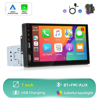 Obrázek produktu pro Autorádio – přehrávač MP5 formátu 1-DIN – kabelové připojení CarPlay – dotykový displej 17,8 cm (1024×600) – Bluetooth a FM rádio – USB, až 64 GB – výstupní výkon 4×45 W – černá