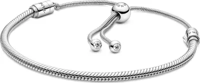 A silver Pandora Moments snake chain bracelet with a sliding clasp and two charms, each with a clear stone.