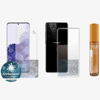 Produktbild von PanzerGlass Samsung Start Kit Galaxy S21 Ultra TPU Bildschirmschutz, ClearCase, Spray 30ml
