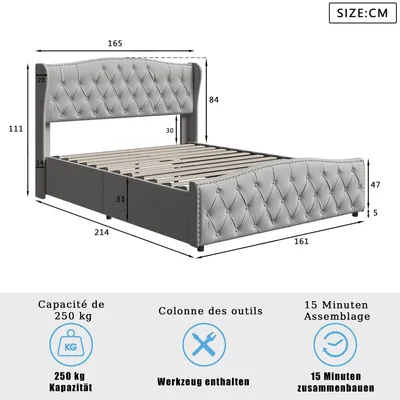 Immagine prodotto di Letto matrimoniale imbottito - Letto con contenitore a sollevamento idraulico - Struttura a rete - Rivestimento in velluto - 160x200 cm - Grigio