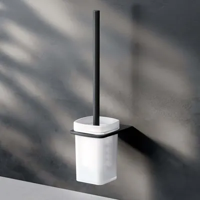 Image de Brosse WC Porte-brosse Ensemble brosse WC Brosse WC avec support Montage mural avec perçage Acier inoxydable & verre mat AM.PM, noir mat